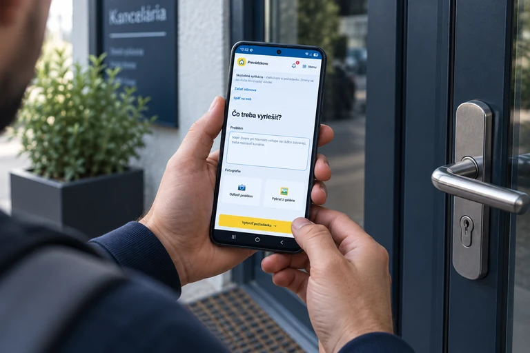 Muž pri vstupe do prevádzky vytvára požiadavku na údržbu v mobilnej aplikácii Prevádzkovo.